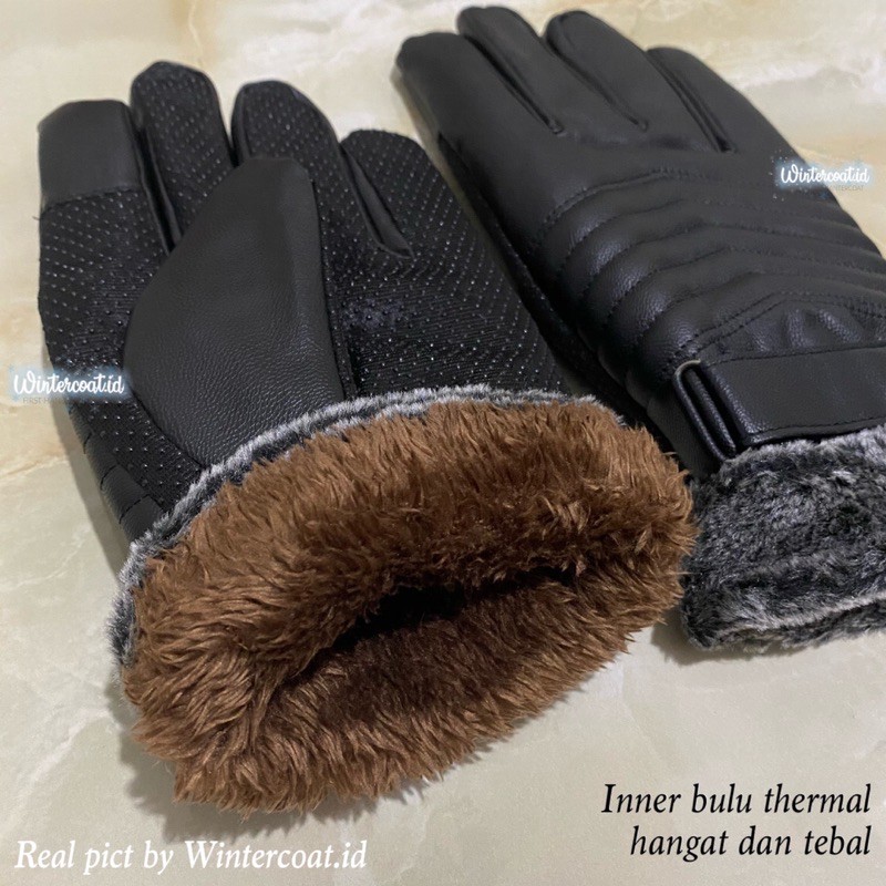 Sarung tangan winter pria gloves hangat musim dingin touchscreen kulit leather hitam black MEN