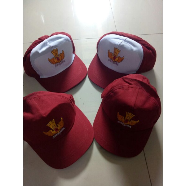 Topi Sekolah Anak SD Merah / Pramuka Bordir famatex halus pengatur karet / gesper adem murah