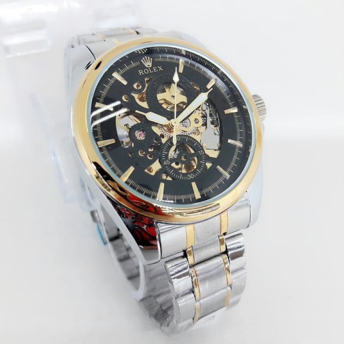 JAM TANGAN PRIA ROLEX RANTAI AUTOMATIC SILVER GOLD COVER BLACK