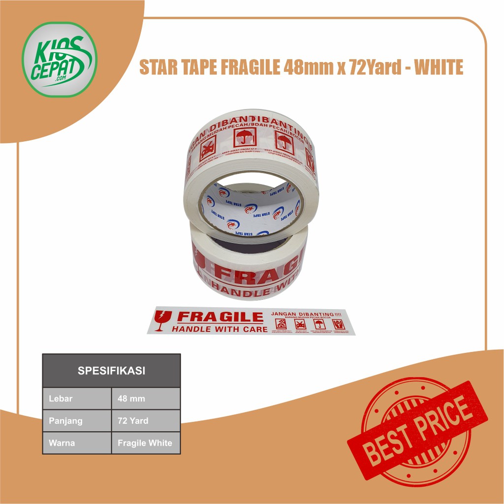 

Lakban STAR TAPE FRAGILE PUTIH (48mm x 65Meter)