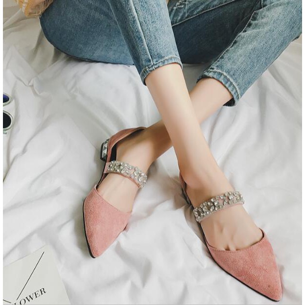 Sepatu Wanita Flat Low Heels Pointed Toe Aksen Stud Bahan Suede Gaya Korea