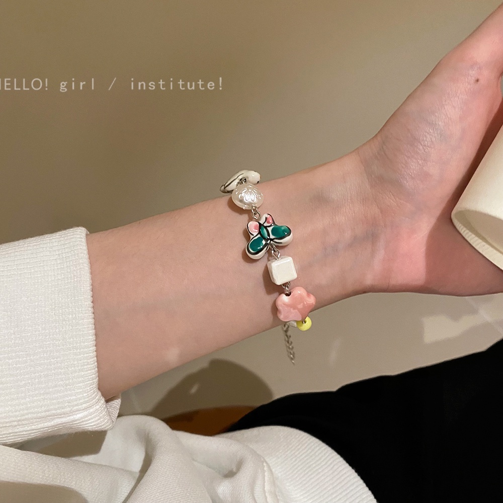 AY(CN) Gelang Manik-Manik Keramik Motif Kartun Beruang / Hati / Bunga / Smiley Warna Silver Gaya Korea Untuk Wanita