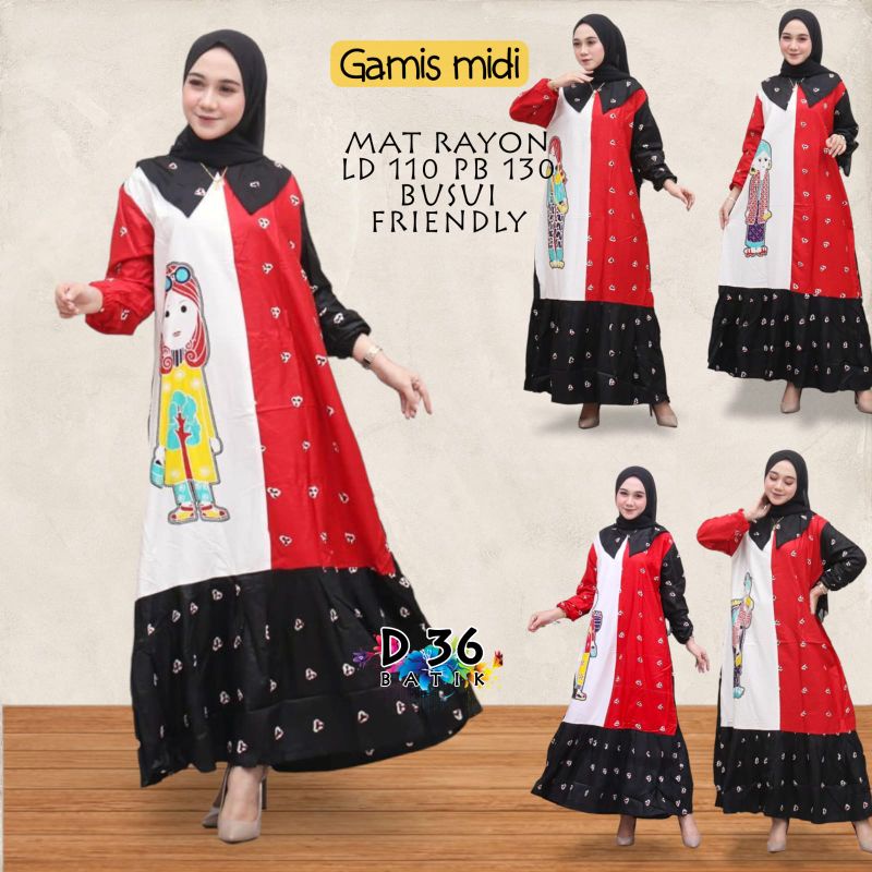 Gamis Wanita Midi Seling Jumputan Model Santai Modern Elegen