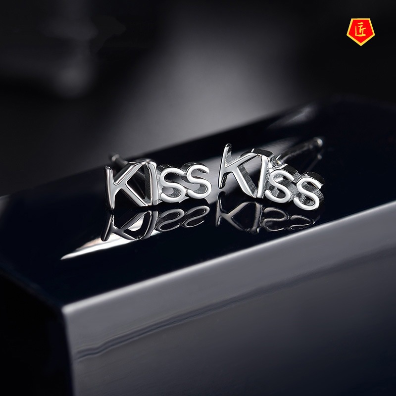 [Ready Stock]Silver Cute Fashion Creative English Kiss Stud Earrings