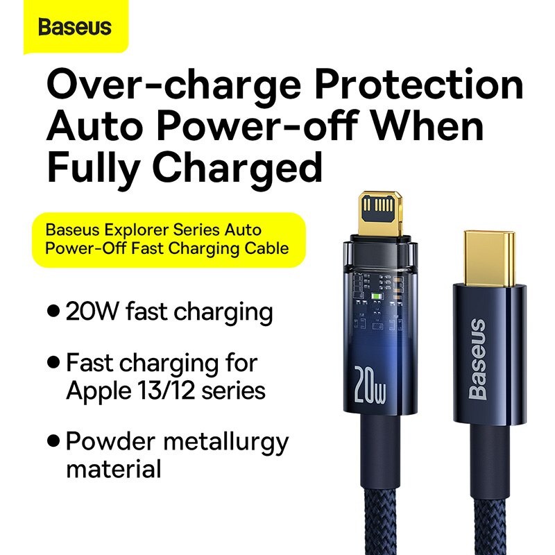 Kabel Charger Type C to Lightning PD 20W 7Pin Fast Charging BASEUS Cable Data 480Mbps Auto Power Off