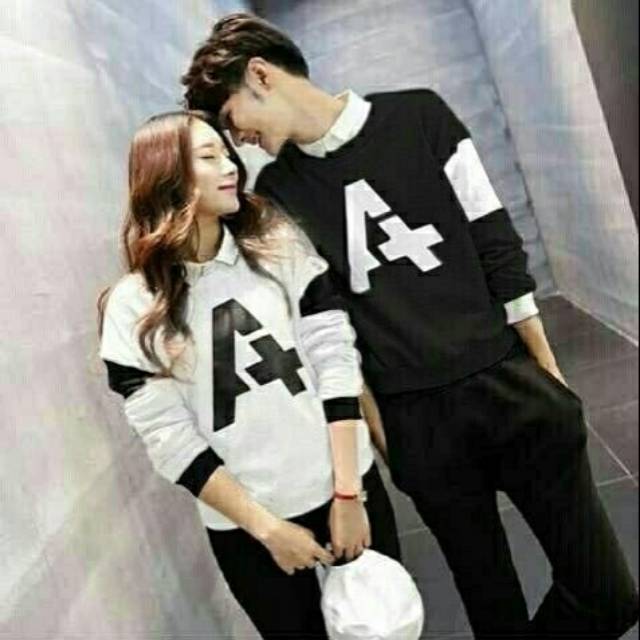 Baju couple AA putih hitam lengan panjang black white black pasangan spandex korea kasual santai