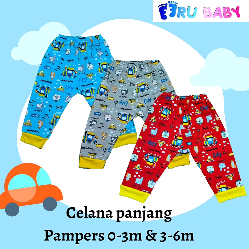 Eeru Baby Celana Panjang  buka kaki ISI 3PCS Untuk Usia 0-3 Bulan dan 3-6 Bulan