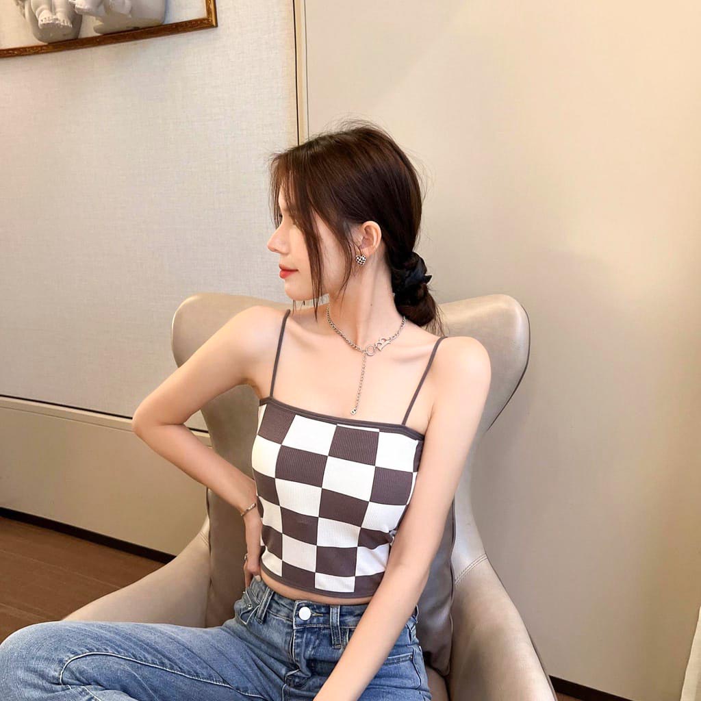 BEE - Tanktop Wanita Motif Kotak Bra Wanita Model Papan Catur Pakain Dalam Wanita Crop Top Rajut Ala Korea 900