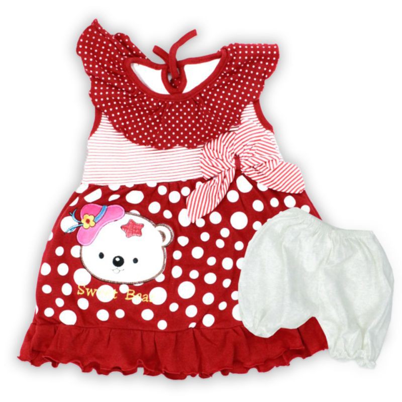 DRESS ANAK PEREMPUAN 1-2 TAHUN MOTIF CAMPUR RABBI &amp; BEAR RANDOM MOTIF