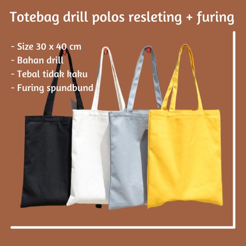 Cod Tote bag polos bahan drill dengan resleting dan furing berkualitas