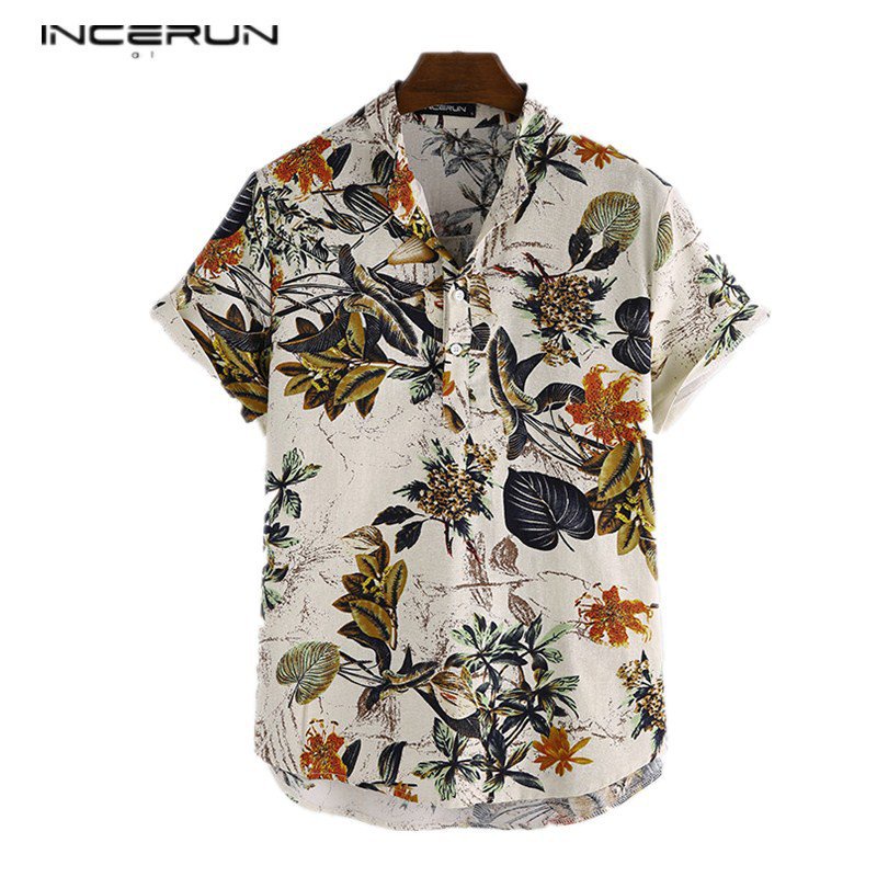 INCERUN Men Tropical Print Short Sleeve Button Front Shirt