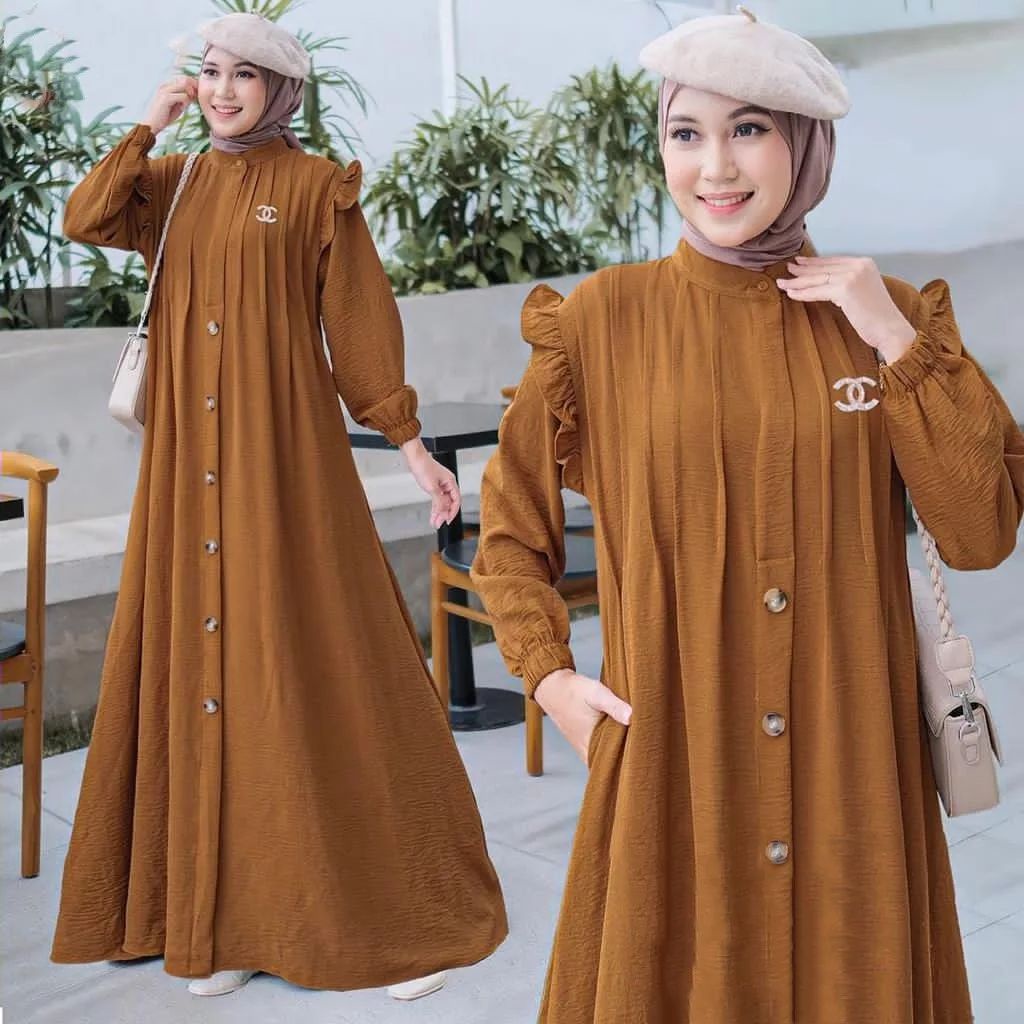 Dress Rempel Ruffle Lengan Kerut Full Kancing Depan / Dres Crinkle / Gamis polos / dress polos / gamis polos premium / dress polos panjang / gamis dress terbaru / dress muslim korea / dress muslim wanita / Clarissa Dres