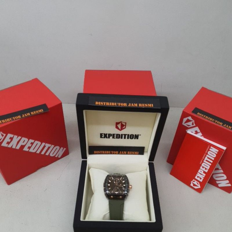 Jam Tangan Wanita Expedition E6814M E 6814 M E6814 M E 6814M Black Green Army Rubber Cronograph