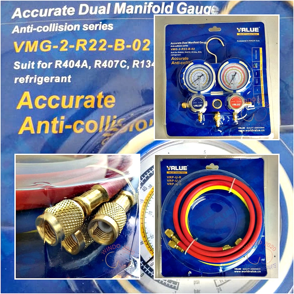 MANIFOLD DOUBLE R22 SET | MANIFOLD ANALYSER R22 VALUE | MANIFOLD VALUE ACCURATE DUAL MANIFOLD GAUGE UNTUK FREON R404A, R407C, R134A, R22 &amp; REFRIGERANT. ANTI-COLLISION SERIES