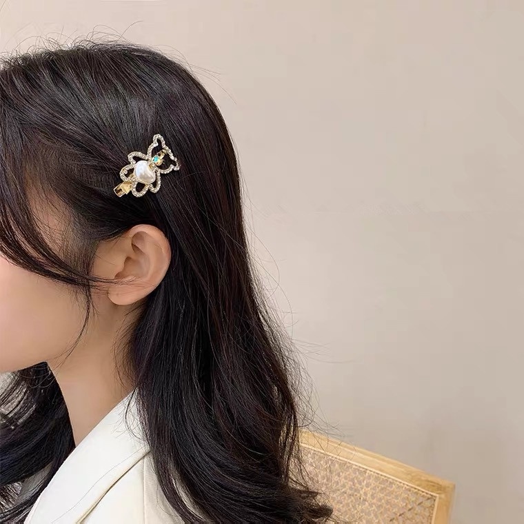 Jepit Rambut Mutiara Beruang Berlian Berkilau Korea Manis Lucu Poni Klip