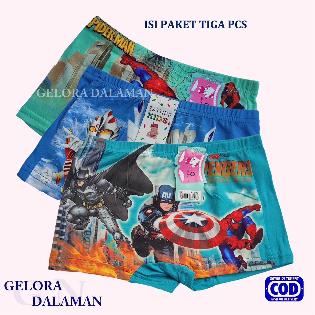 3 Pcs Boxer Anak Laki Celana Dalam Boxer Karackter Gambar Super Hero Terlaris