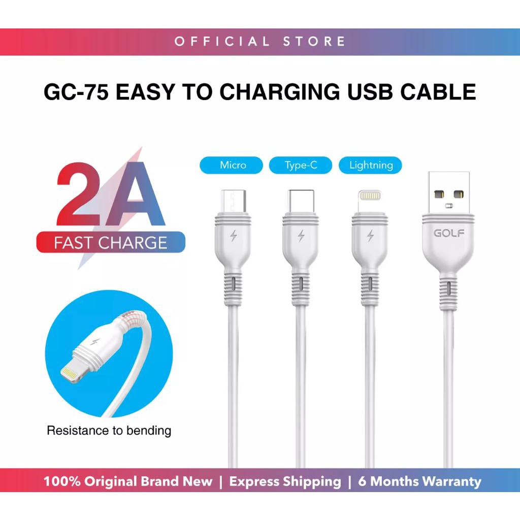 PROMO KABEL USB CHARGER DATA GOLF GC-75 2A 1METER FAST CHARGING MICRO USB , TYPE C , LIGHTNING - PENGISIAN CEPAT