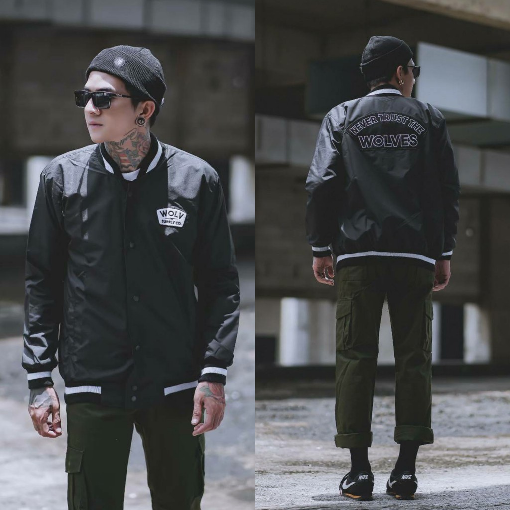 JAKET PRIA - JAKET BOMBER PRIA - JAKET VARSITY - JAKET SALVIO HEXIA-WOLF NT HITAM