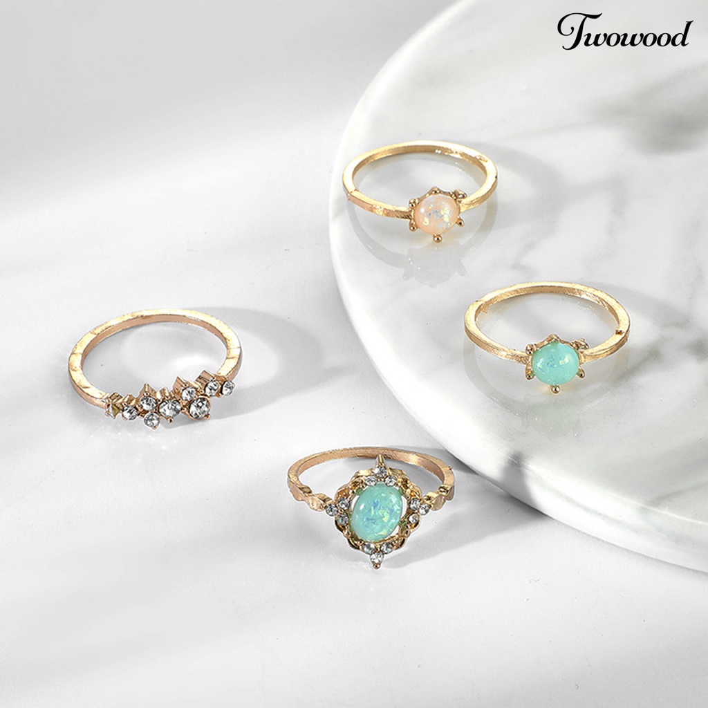 Twowood 4Pcs/Set Faux Gem Geometric Knuckle Rings Alloy Candy Color Stackable Finger Rings Jewelry Accessory