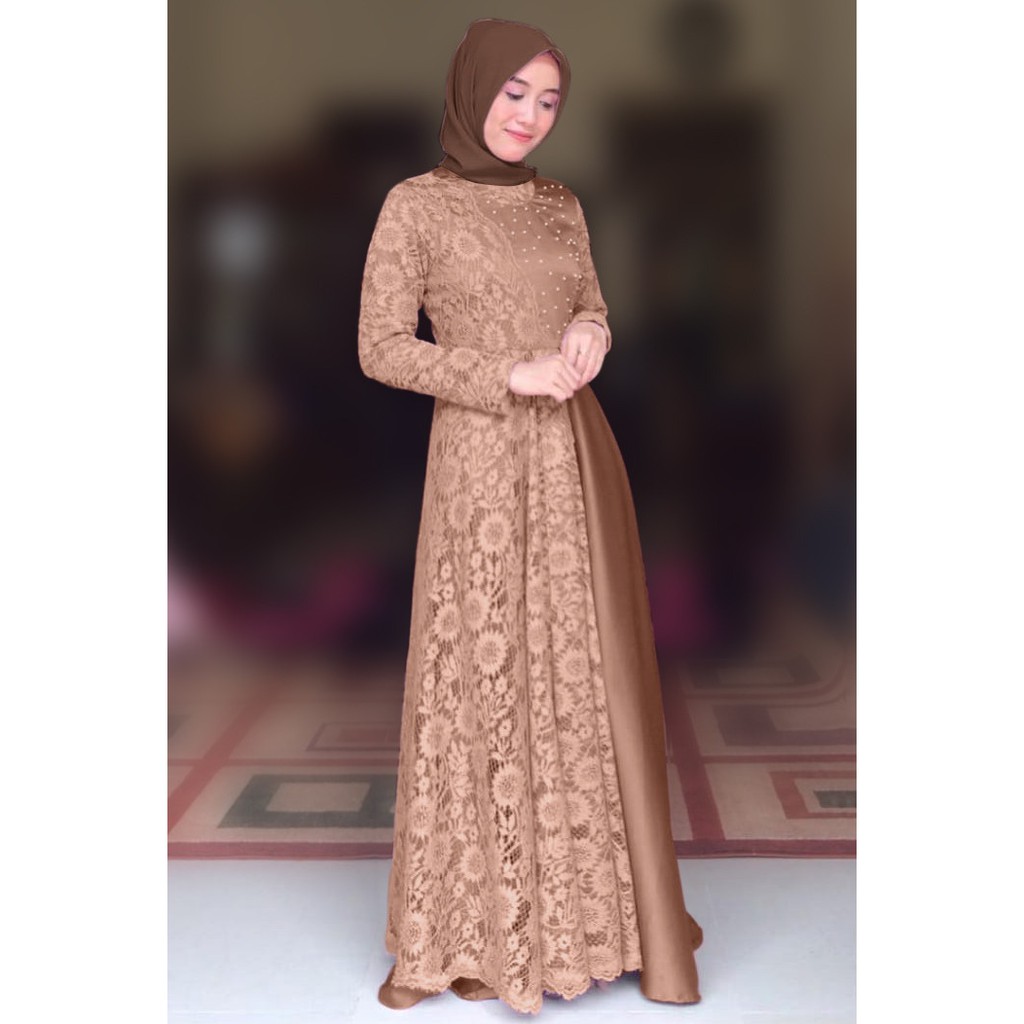 HOPYLOVY - Gamis Wanita Maxi Carissa Velvet Kombi Brukat Corneli Mutiara Tabur