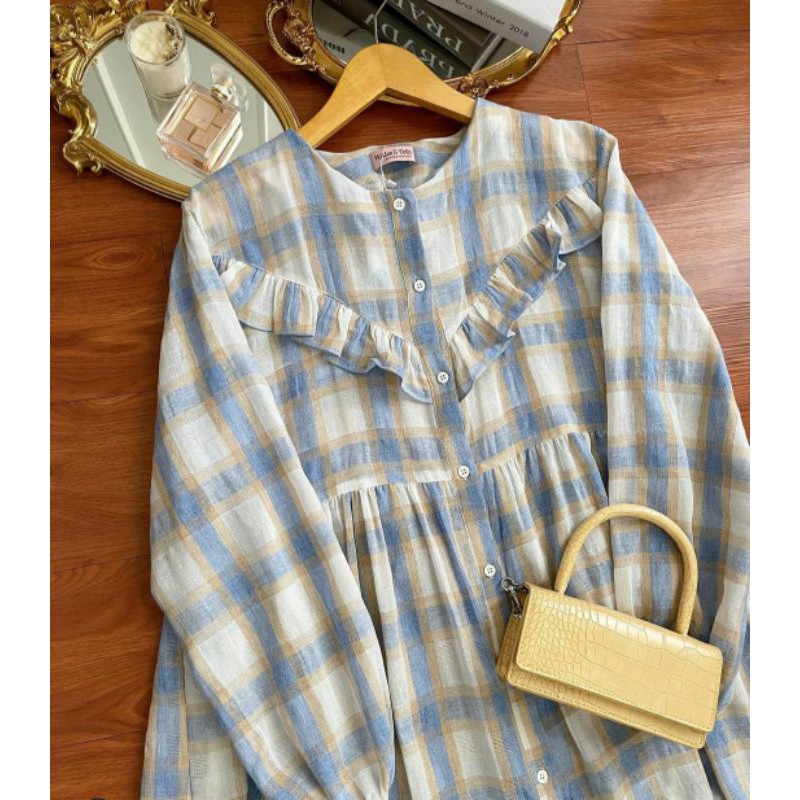 Hayya Plaid White Blue Ankle Dress Haideeorlin
