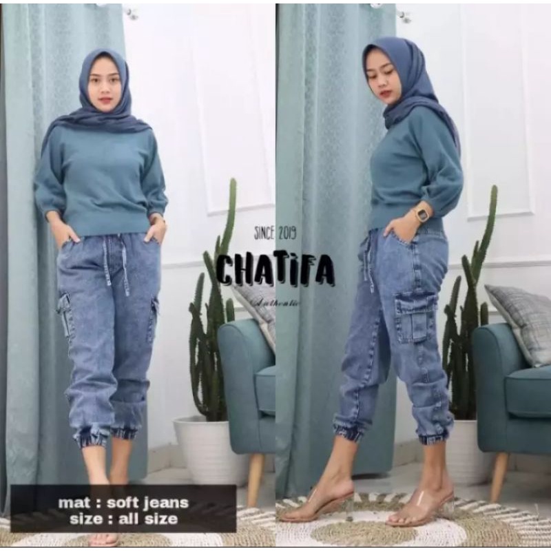 Celana Jeans Jogger Cargo Wanita | Celana Jogger Cargo Jeans