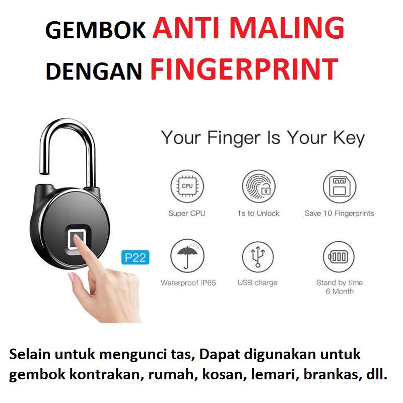 Gembok Koper Fingerprint/Gembok Rumah/kontrakan/kosan/lemari/brankas Smart Fingerprint Padlock