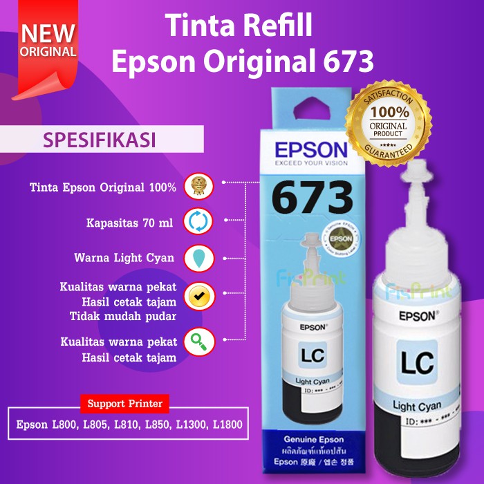 Tinta Epson 673 C13T673 T673 Reefill Original L800 L805 L810 L850 L1800 Black Cyan Magenta Yellow