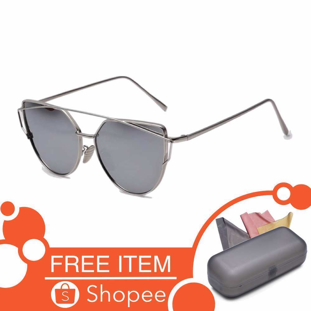 Anti UV Eye Cat Sunglasses Grey Silver Pria dan Wanita 