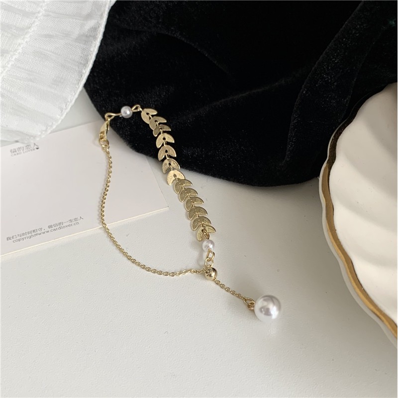 Gelang Desain Daun Gandum Aksen Mutiara Dapat Ditarik