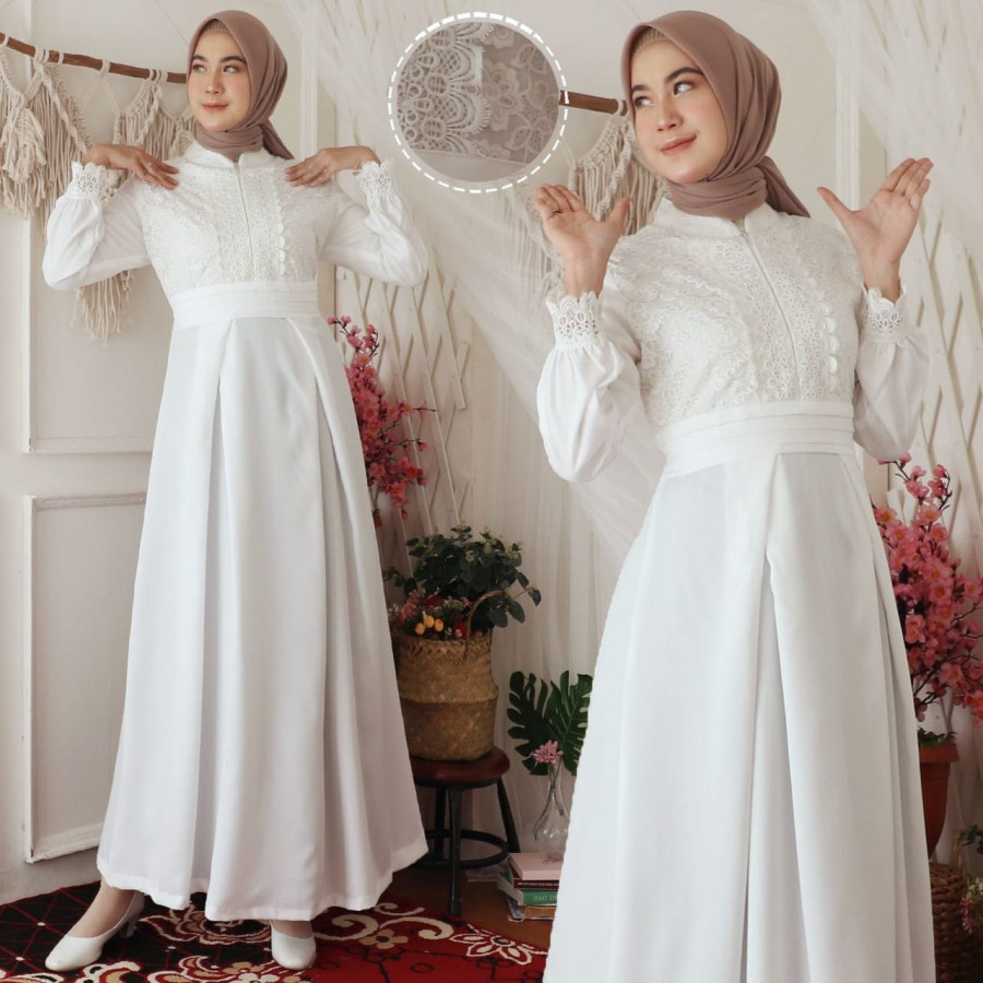 Gamis Putih Wanita Pakaian Muslim Jumbo Korean Style Adem Mewah M-L-XL-XXL-XXXL Modern Kombinasi Malaysia Maxy Abaya Ceruty Babydoll Busui Friendly Hitam Model Terbaru Brukat Syari Bigsize Lebar Gamis Zahira Brokat Glitter Premium + Renda | Gamis Bus B4M4