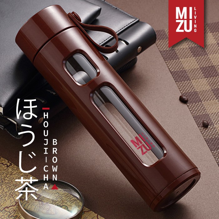 HOUJI-CHA Glass Water Bottle Botol Air Minum Kaca Tumbler 450ml Saringan Teh Infused Water BPA-Free-BROWN