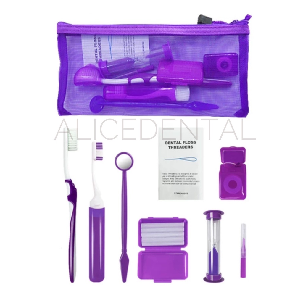 Dental ortho kit travel orthodontic set sikat gigi behel kit lengkap kaca mulut ortho wax sela floss sikat gigi interdental brush