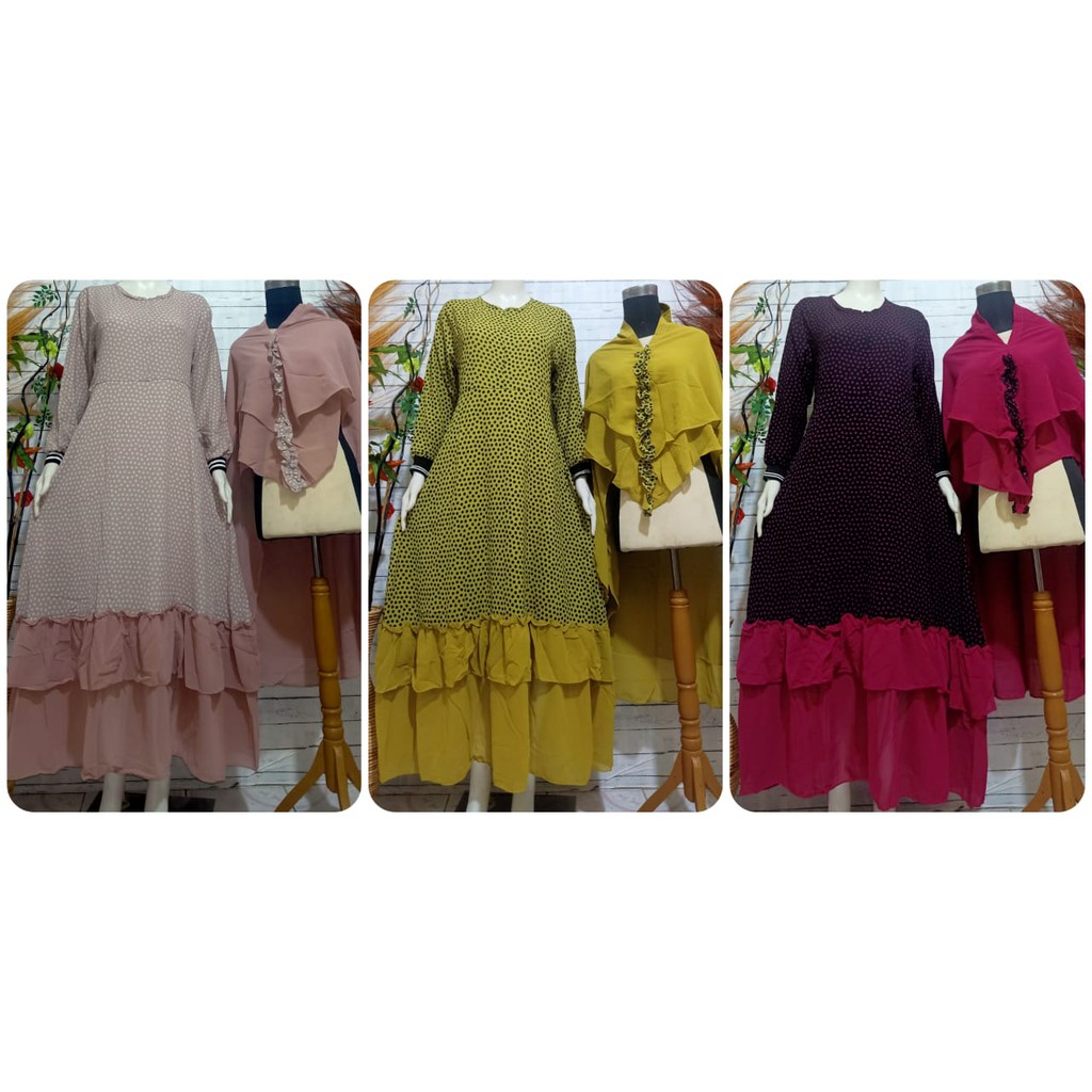 LANGSUNG KIRIM Gamis  krudung Seruty sharkel / Gamis krung Motif Polkadot  / Gamis Polkadot Terlaris