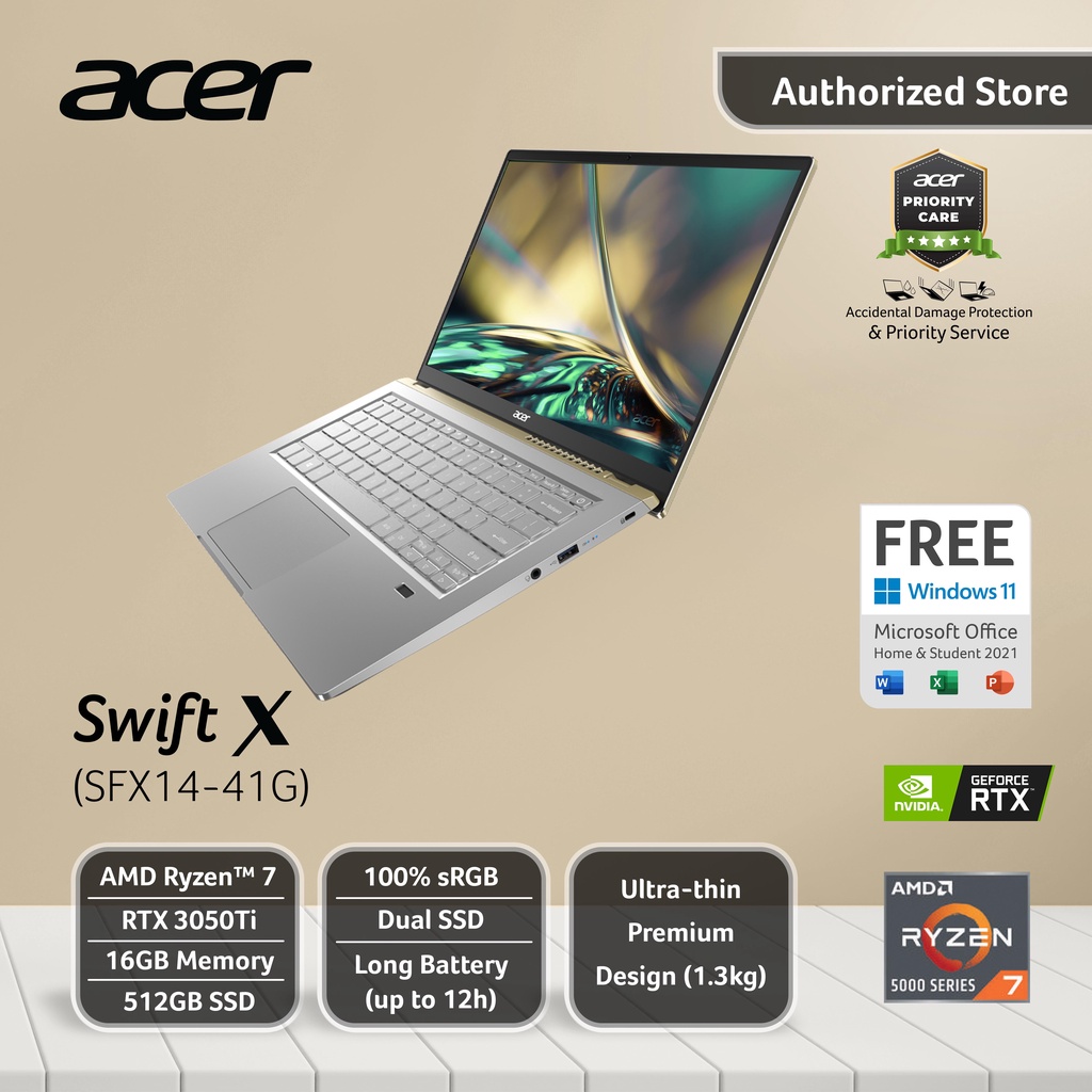 ACER Swift X SFX14-41G - Ryzen 7-5700U 16GB 512GB RTX3050Ti 4GB 14" FHD IPS Windows 11 OHS