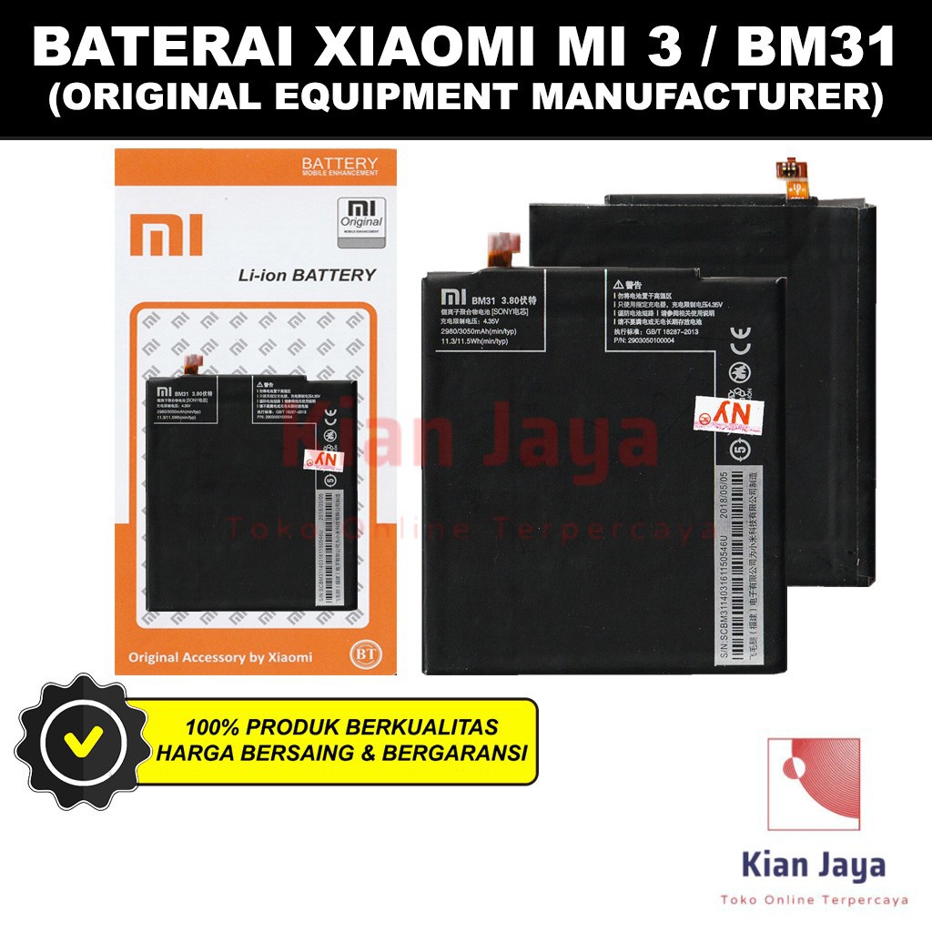 Baterai Hp XiaoMi Mi3, BM31 Original OEM Batrai Batre Battery Mi 3 BM 31