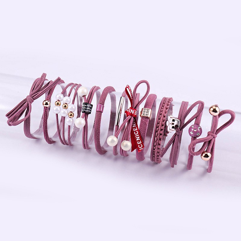 [12 in 1] Ikat Rambut Wanita Elastis Bahan Karet Aksesoris Fashion Gaya Korea Import-AR-88 Pink Tua