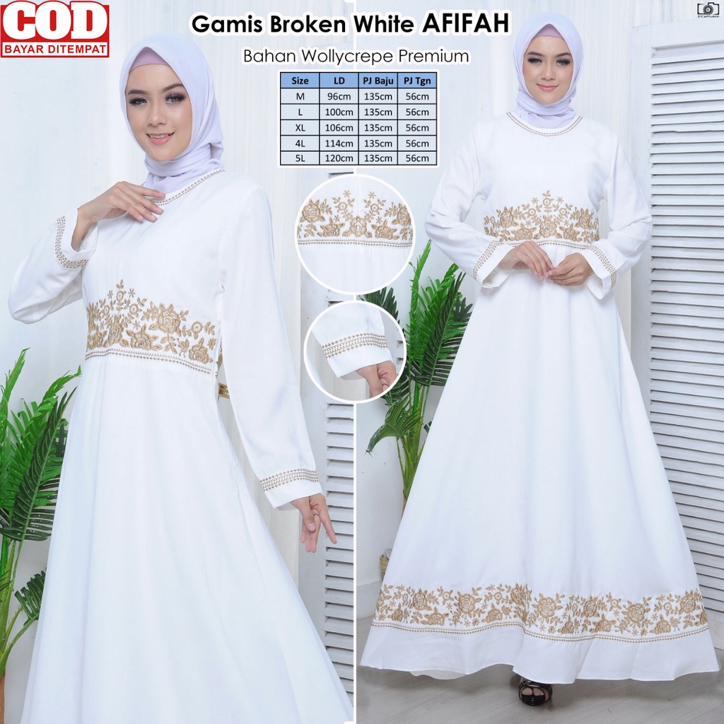 Gamis Syari Bordir Mewah Elegan Modern Warna Broken White Kekinian Jumbo | Busana Muslim Wanita Dewasa Terbaru 2022 Putih Lebaran Acara Pesta Kondangan Afifah