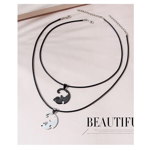 LRC Kalung Fashion Black+silver Color Cat Necklace Set Y65670