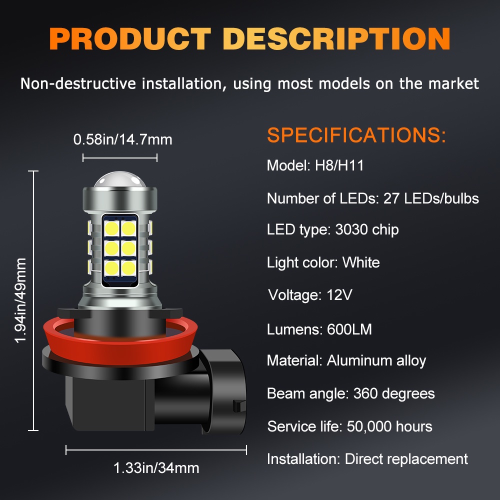 1pc Lampu Kabut Depan LED H8 H9 H11 / 9005 HB3 / 9006 HB4 / P13W / H16 Warna Putih Untuk Mobil