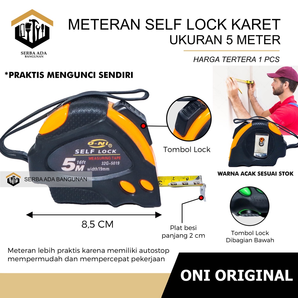 METERAN TANGAN ONI ORIGINAL 100%  SELF LOCK 3 M 5 M 7,5 M Meter Meteran Karet Otomatis Self Lock 10m ONI