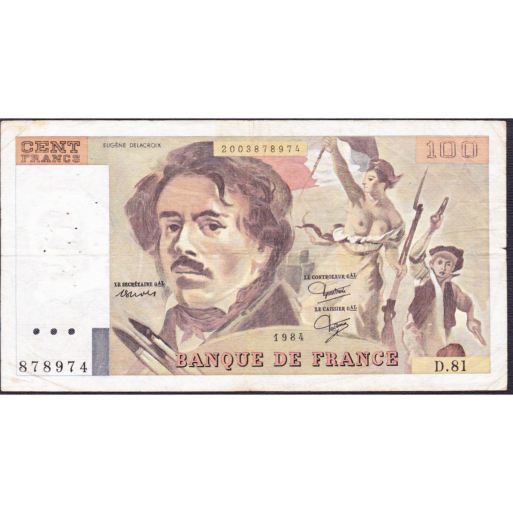 Uang Kertas Perancis Prancis 100 Francs Eugene Delacroix 1984 VF
