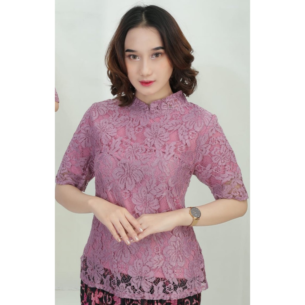 Atasan kebaya brokat lengan pendek model kerah sanghai unggu