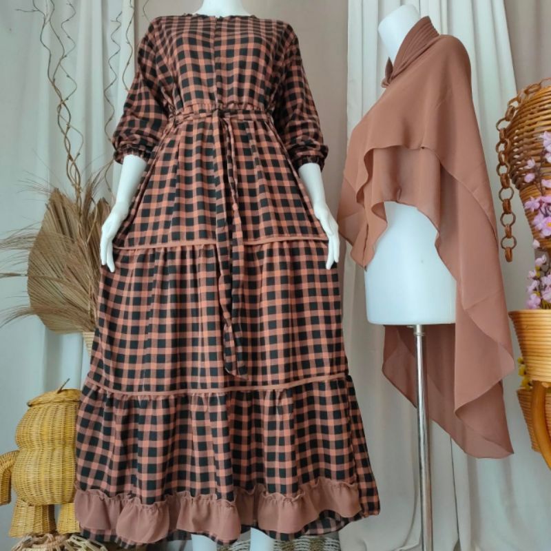 GAMIS SET HIJAB/SET SYAR'I/SET KERUDUNG MOTIF KOTAK-KOTAK MONALISA PREMIUM