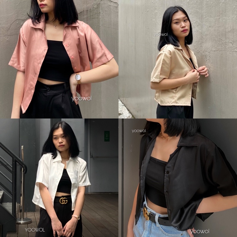 Elze Blouse Satin Crop Shirt/ Kemeja Crop Basic/ Kemeja Crop Wanita