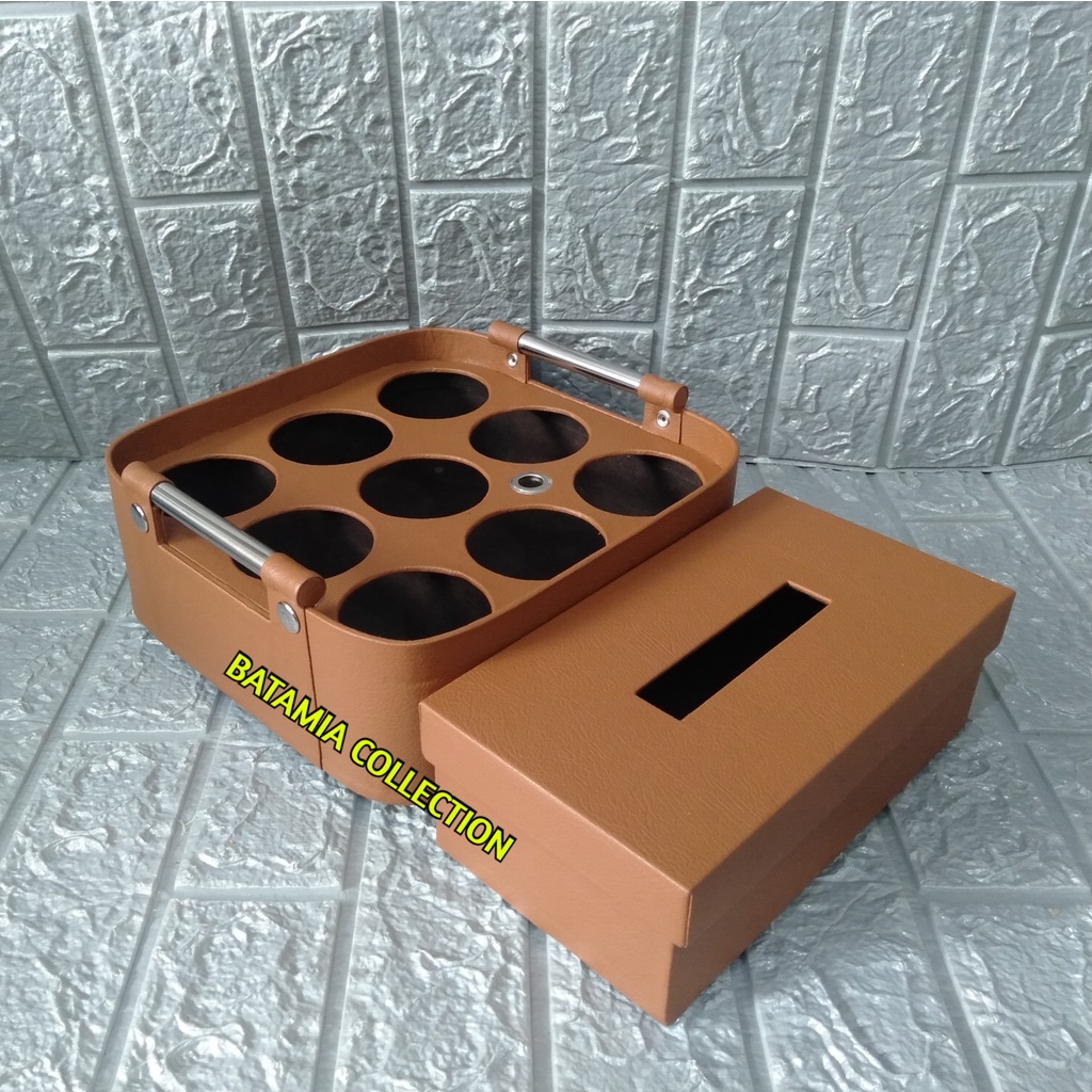 Tempat Aqua Gelas / Botol  Isi 9 Cup Model Oval + Tempat Tisu Kotak Tissue Kulit Sintetis 200 Sheet 