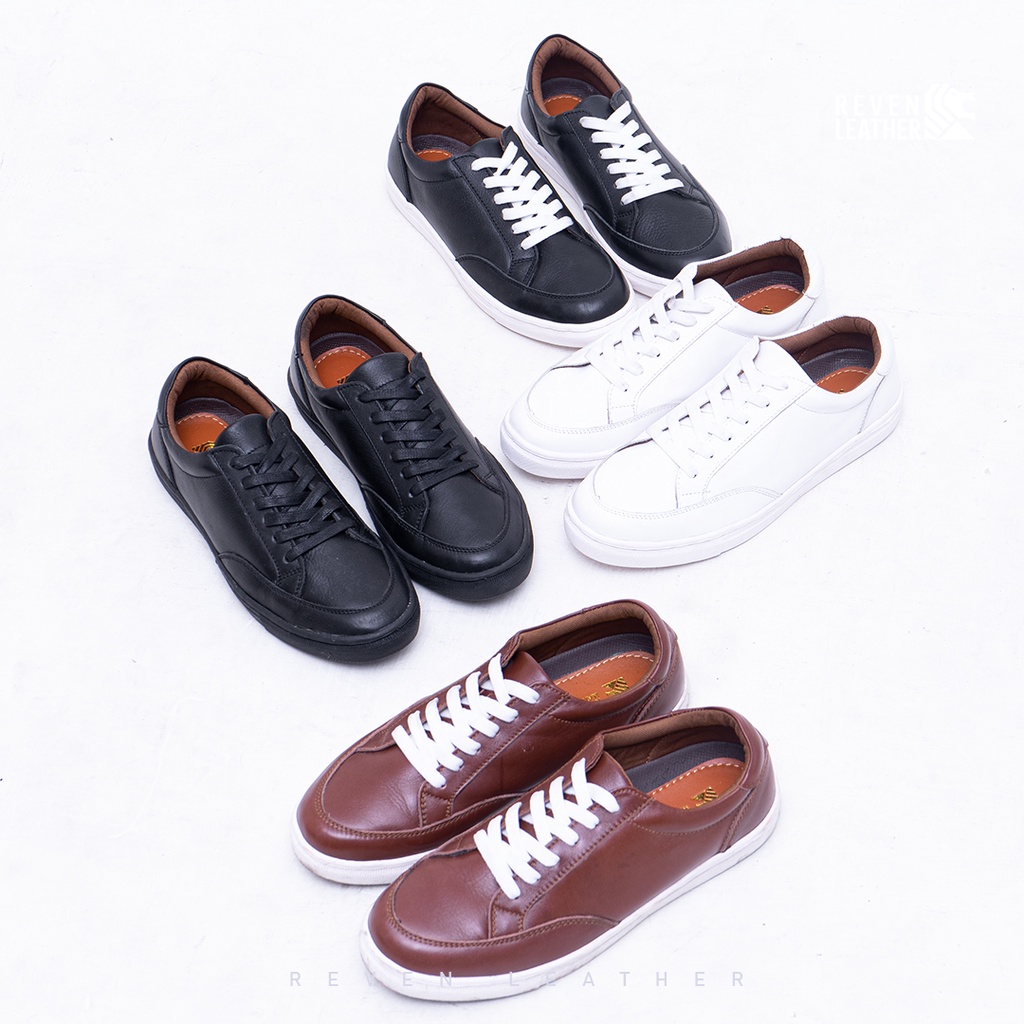 REVEN LEATHER - Sepatu Casual Pria Sneakers Kasual Polos Ori Pria Cowok kulit sapi asli