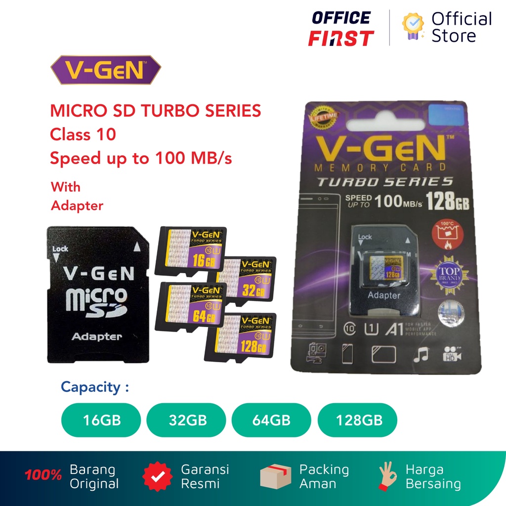 V-Gen Micro SD Turbo Class 10 100 MBps 16 32 64 128 GB dengan Adapter VGen V Gen