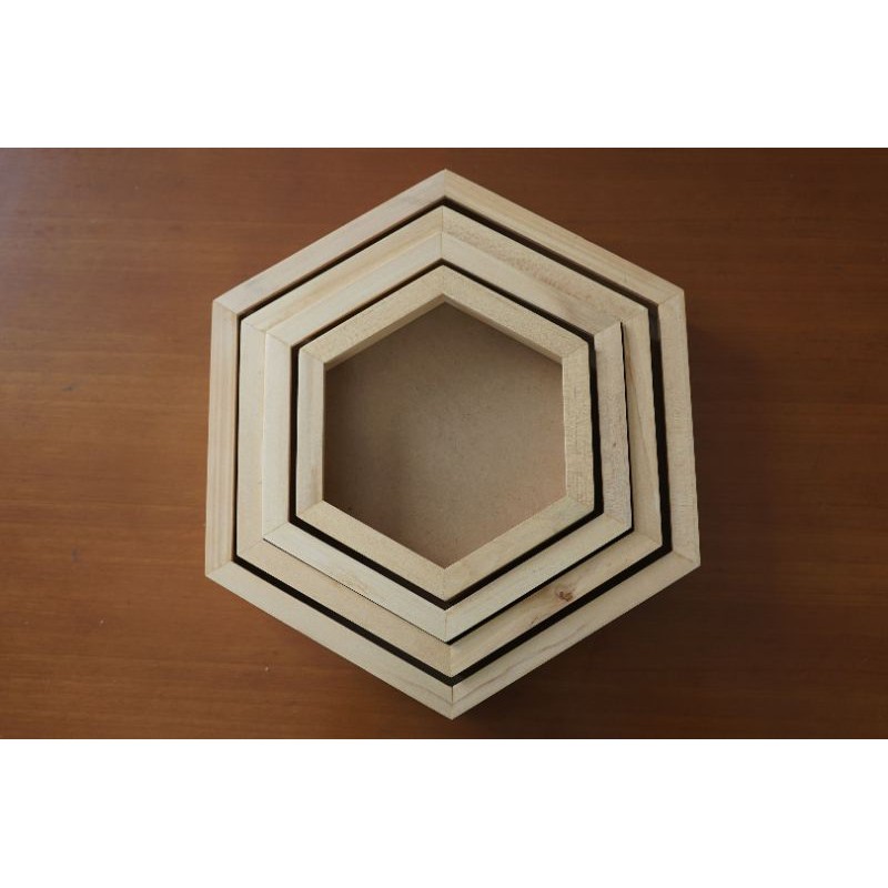 Pigura Kayu 3D Hexagonal Diameter 25cm Kaca Acrylic Anti Pecah TERMURAH