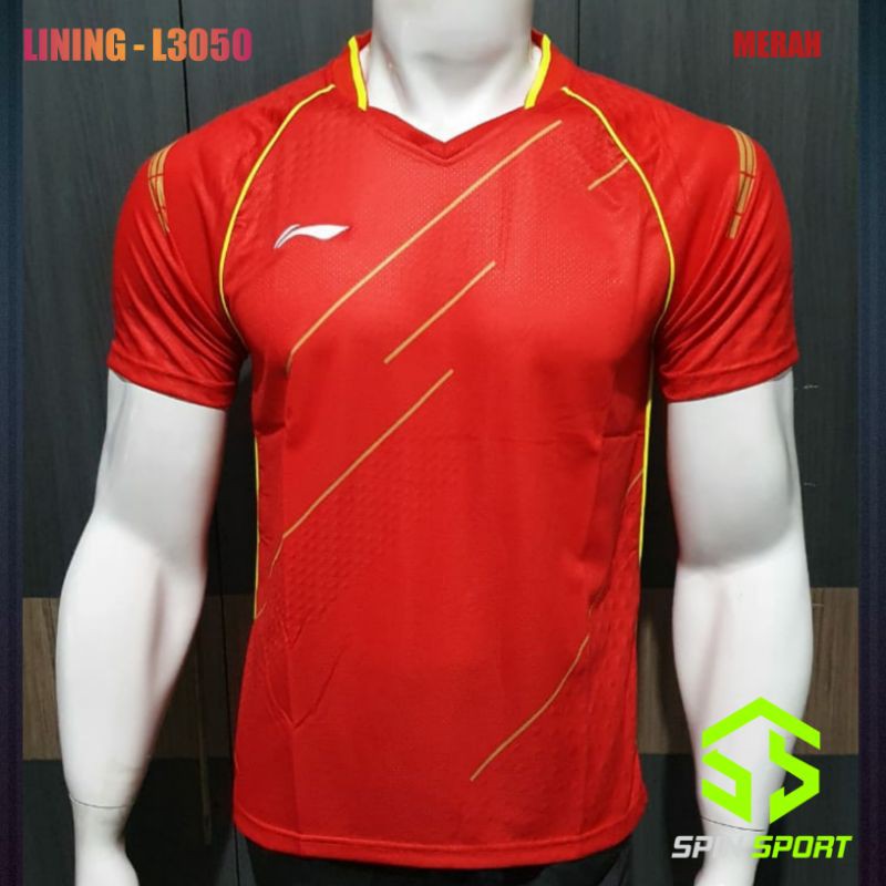 [L3050 Merah] Kaos Baju Lining Li-Ning Import Premium Badminton Tenis Meja Pingpong Olahraga